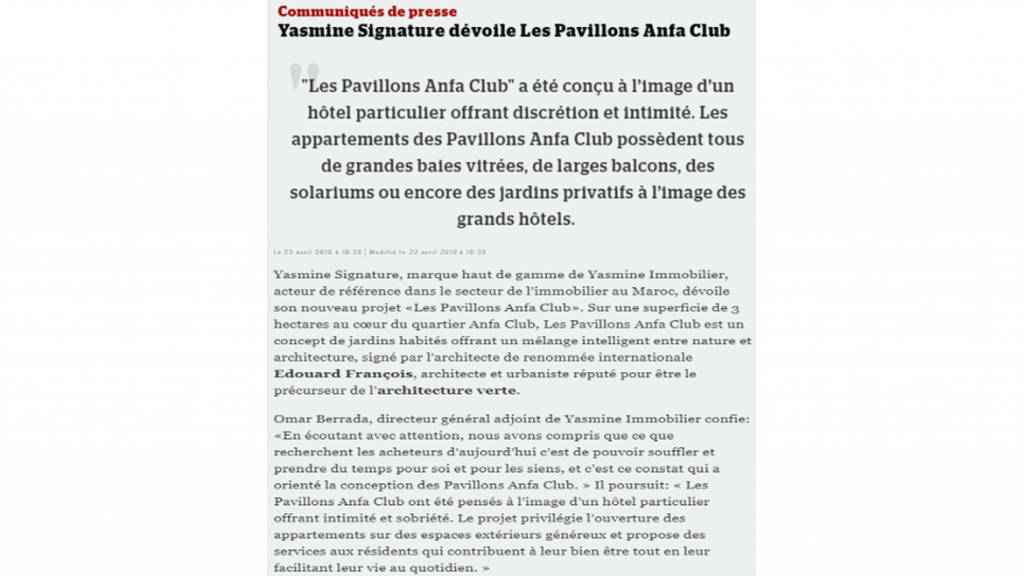 Yasmine Signature dévoile Les Pavillons Anfa Club
